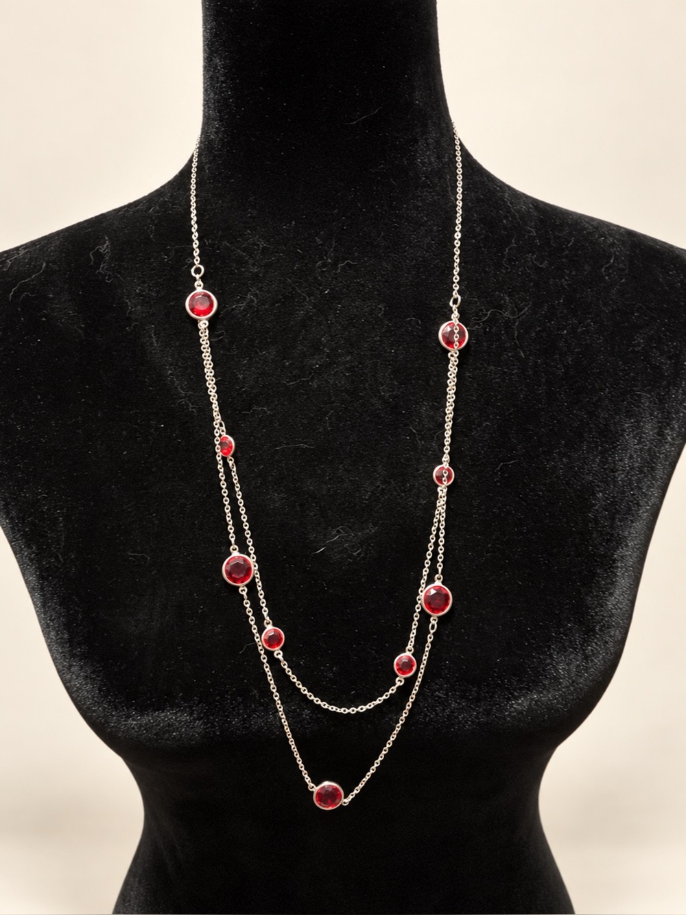 Silver-Tone Layered Necklace with Red Accents